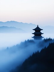 Fototapeta premium A dreamy surreal image of a Taoist temple on a mountaintop with mist swirling around the pagoda.