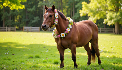 Fototapeta premium Horse wearing flower garland in green pasture, celebration of Pet Day