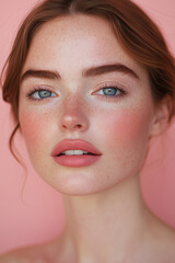 Beauty editorial portrait of a beautiful woman with healthy skin and light natural makeup on a pink pastel background