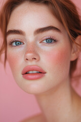 Fototapeta premium Beauty editorial portrait of a beautiful woman with healthy skin and light natural makeup on a pink pastel background