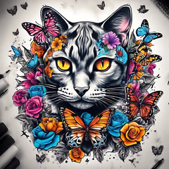 A colorful cat with yellow eyes, surrounded by butterflies and flowers.
