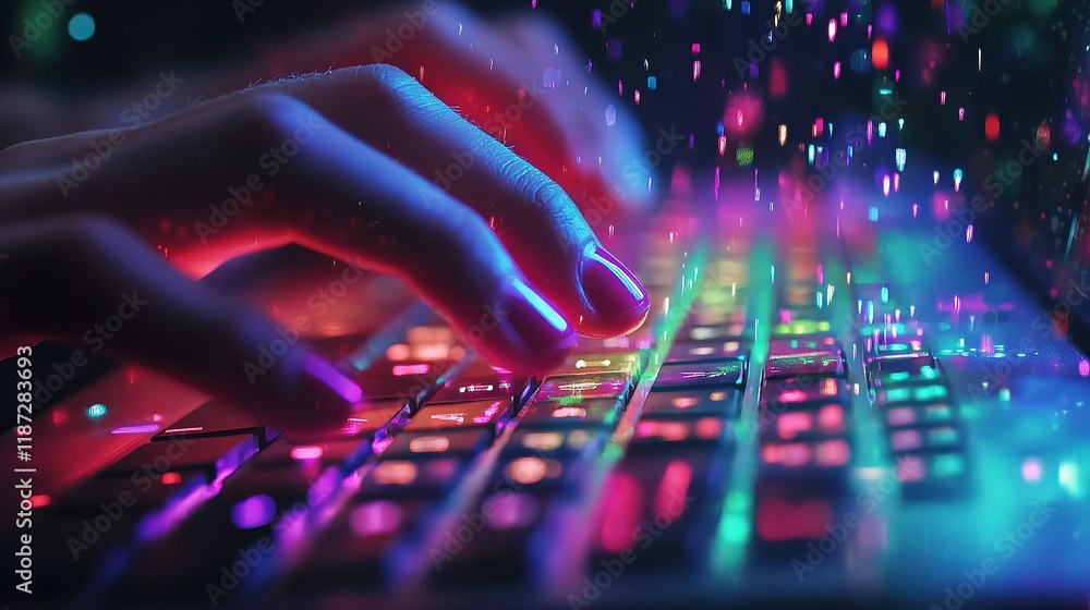 Poster close-up of fingers typing on a vibrant computer keyboard