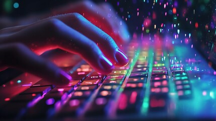 Close-Up of Fingers Typing on a Vibrant Computer Keyboard