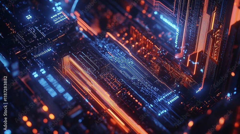 Poster detailed close-up of computer motherboard with vibrant lines and scale