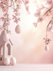 Delicate pink blossoms and pastel eggs create a serene scene.