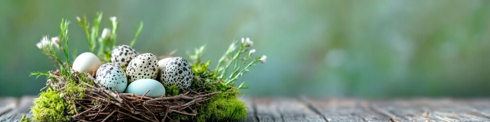 Nest filled with quail eggs and moss on vintage wooden surface in natural light