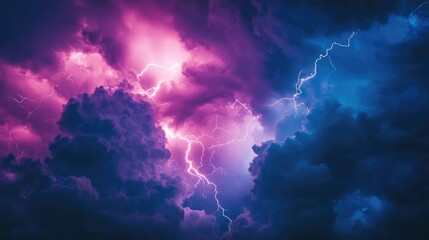 Fototapeta premium Dramatic lightning storm illuminating vibrant purple clouds above a mountain range, showcasing nature's raw power and energy in an intense, awe-inspiring scene of atmospheric fury