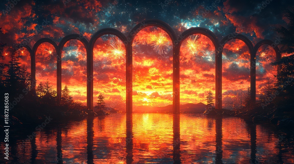 Poster Sunset reflection through arches over a serene lake.