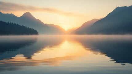 Fototapeta premium Sunrise over calm lake with rugged mountains and pastel sky