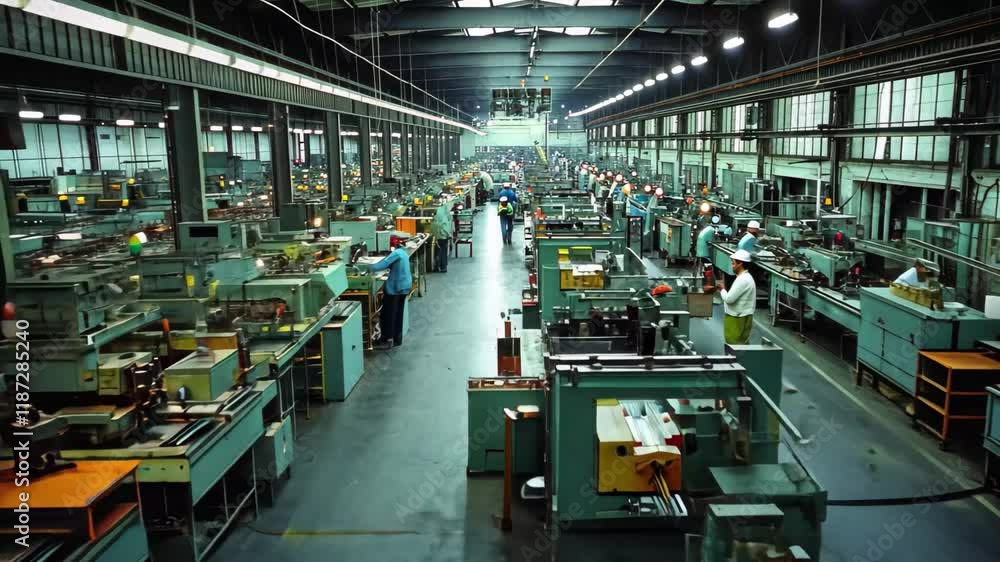 Poster production line operations in a large factory showcasing machinery and workers engaged in assembly t