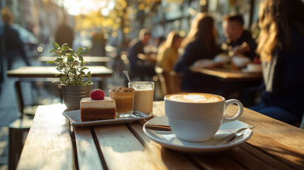 A group of people in an outdoor cafe, cups of coffee and cakes on the table, details in an urban setting, warm light
