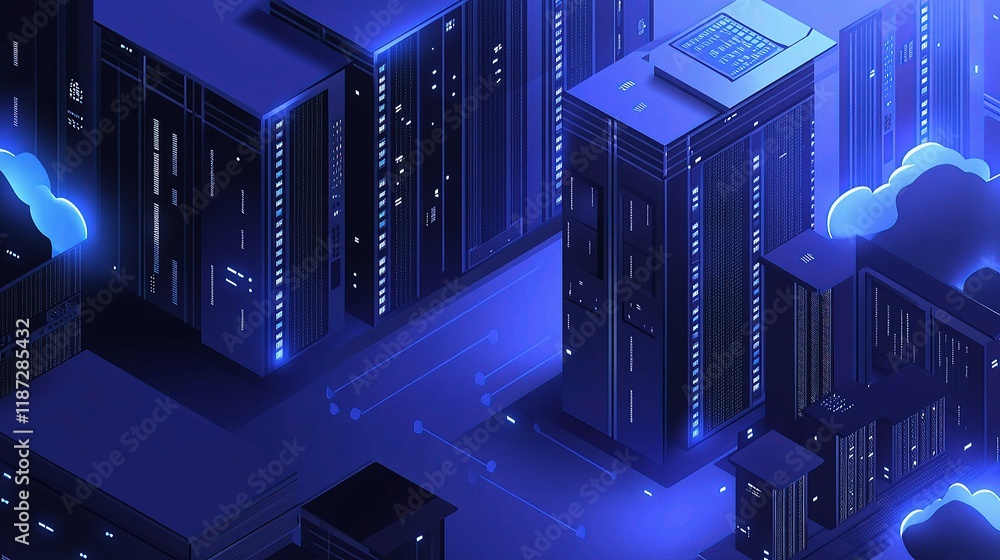 Poster isometric view of modern cloud technology and data management