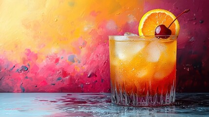 A refreshing cocktail with ice and garnish.
