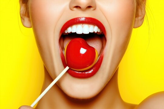 Close-Up of Woman with Red Lipstick and Heart Lollipop Against Yellow Background