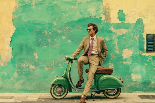 Stylish Man in Retro Suit Posing on Vintage Scooter Against Colorful Roughly Painted Green Wall