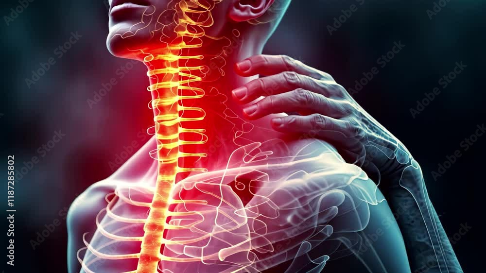 Poster exploring the intricacies of human anatomy with a focus on the neck and spine during a detailed heal