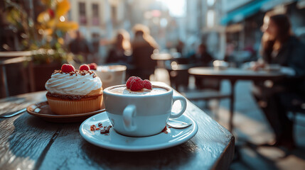 A group of people in an outdoor cafe, cups of coffee and cakes on the table, details in an urban setting, warm light
