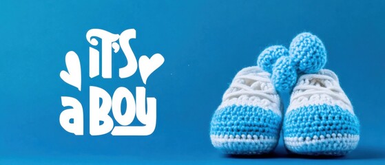 Adorable Baby Boy Crochet Booties Announcement on Blue Background