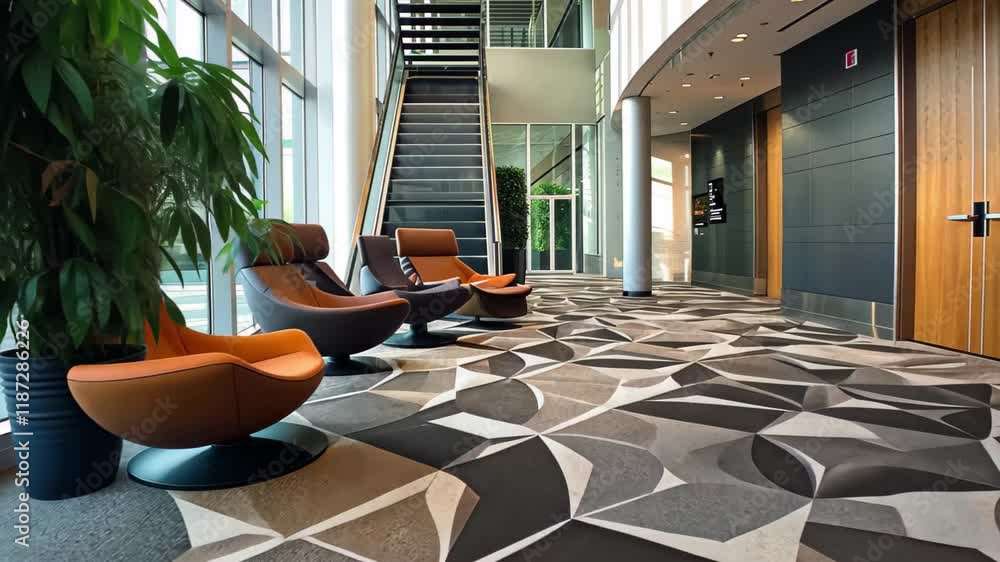 Poster modern lounge area featuring stylish seating and geometric carpet design in a contemporary building 