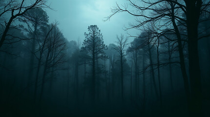 Fototapeta premium Dark creepy forest shrouded in fog under moonlight