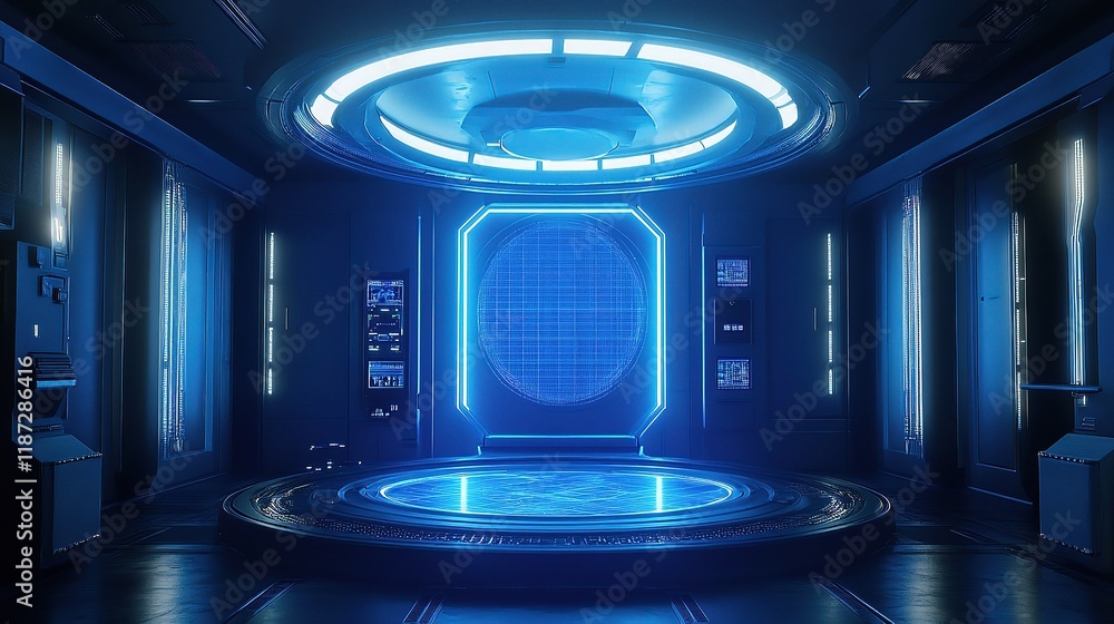 Poster futuristic abstract blue light effect background with lines and scale