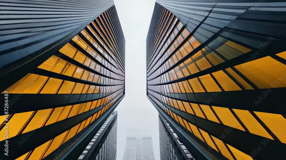 Fototapete Modern skyscrapers reflect yellow light in a misty urban landscape showcasing architecture and design in vibrant city life
