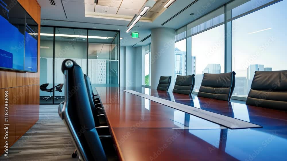 Aufkleber modern conference room set up with large table and city view during bright daylight in high-resoluti