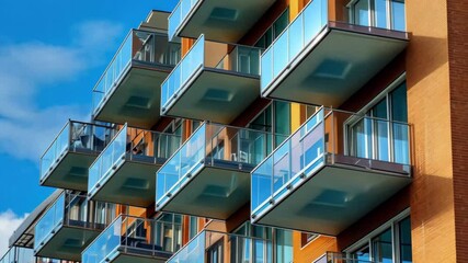 Beautiful modern apartment building showcasing luxury balconies against a clear blue sky with vibrant clouds