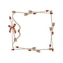 Bow and arrow for Cupid for Valentines Day with red bow composition frame in realistic style on white. Watercolor illustration for postcards, wedding invitations, holidays, stickers.