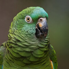 Fototapeta premium Vibrant green parrot, yellow head feathers, orange eyes, curved beak, perched on branch, colorful plumage, Amazon parrot species, tropical bird, close-up portrait, blurred background, wildlife photogr