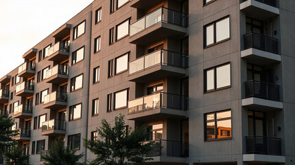Obraz premium Modern residential building with balconies at sunset reflecting warm light