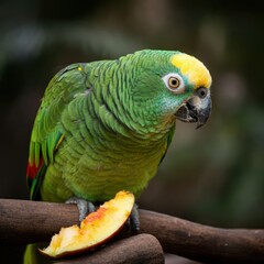 Obraz premium Vibrant green parrot, yellow head feathers, orange eyes, curved beak, perched on branch, colorful plumage, Amazon parrot species, tropical bird, close-up portrait, blurred background, wildlife photogr