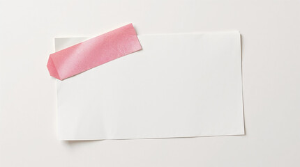 Pink adhesive tape attaching blank white paper to white background