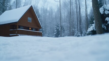 Little A-frame house with an open door stands amid snow-covered trees, showcasing a cozy winter retreat in the woods