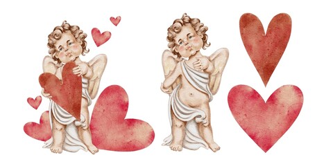 Cupid, big red heart in his hands and many hearts behind him vintage love composition set on white. For Wedding Cards, Valentine's Day, Birthday, Holidays, Invitations.