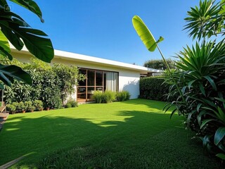 rumah minimalis dengan halaman yang hijau dan asri, dikelilingi tumbuhan berdaun lebar