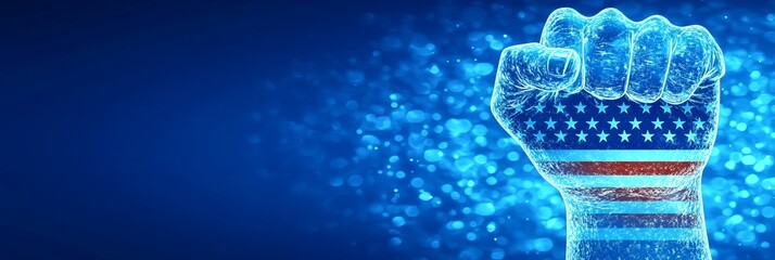 A digital rendering of a fist in a blue-toned image, with a faint US flag design overlaid on the fist.