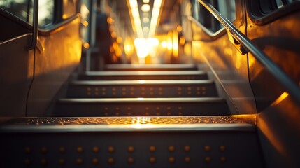 Close-up of tram handrails and steps illuminated by warm sunset light, creating a minimalistic and serene atmosphere
