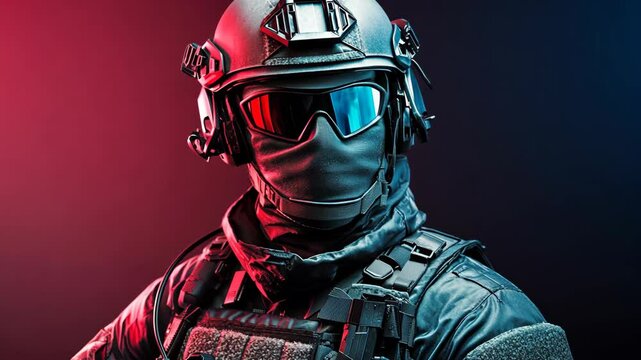 Military soldier in tactical gear with futuristic background during a training session