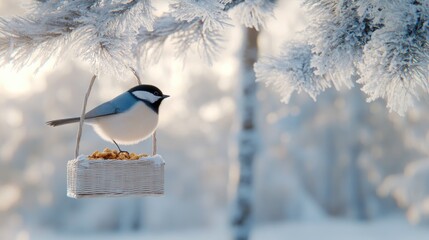 A nuthatch bird rests on a wicker basket filled with food nestled in a tree, surrounded by a serene, snowy winter landscape