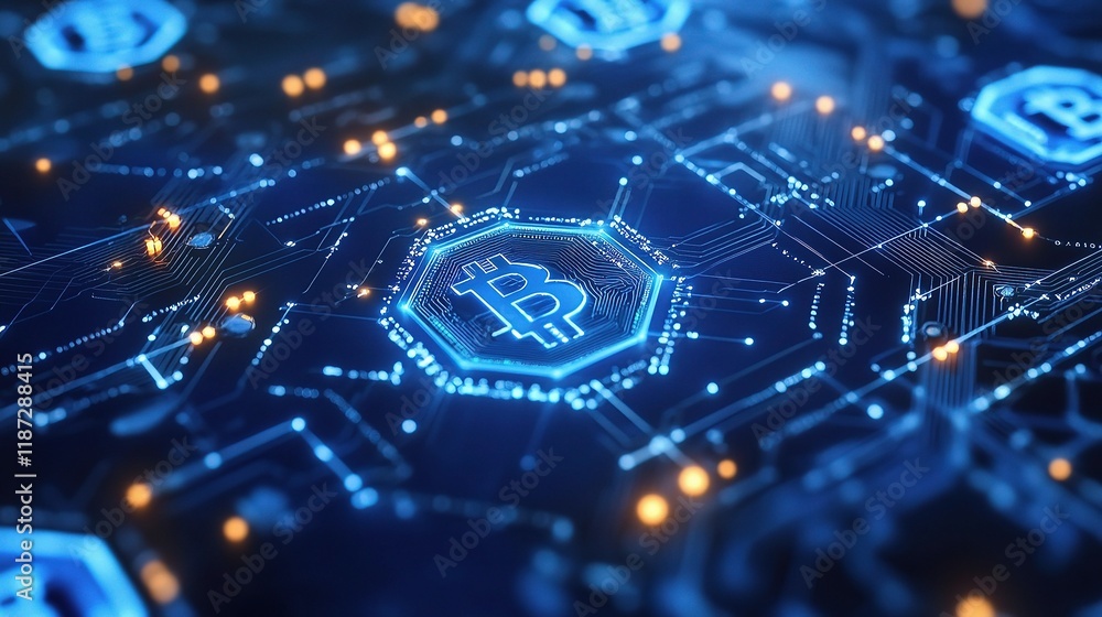 Poster futuristic circuit board with blockchain network and interconnected lines