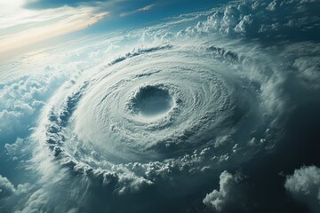 Hurricane forming in the air over earth. Concept art showing a powerful and destructive force of nature. With swirling clouds and a dark center. Creating a dramatic and awe-inspiring scene