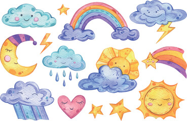 Watercolor hand painted cute weather set. Clouds, sun, rain, rainbow, moon, stars. Illustration isolated on white background. Use it for postcards, invitations and scrapbooking.