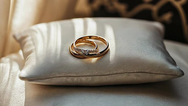 wedding rings on a white pillow. Selective focus