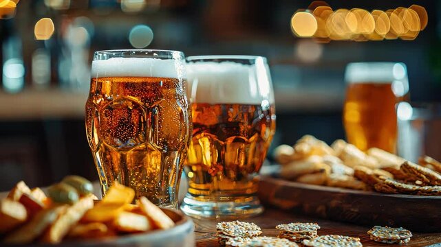 beer and beer snacks on the table. Selective focus