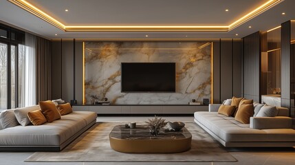 Modern Living Room Interior: Marble Background with Symmetrical Furniture - made with Generative AI