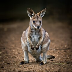 Fototapeta premium Photorealistic wallaby portrait, close-up, soft fur texture, alert ears, gentle eyes, natural lighting, blurred background, Australian wildlife, neutral tones, detailed whiskers, outdoor setting, high