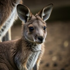 Fototapeta premium Photorealistic wallaby portrait, close-up, soft fur texture, alert ears, gentle eyes, natural lighting, blurred background, Australian wildlife, neutral tones, detailed whiskers, outdoor setting, high