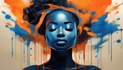 Tranquil Portrait of a Woman with Closed Eyes, Surrounded by Abstract Paint Drips in Shades of Blue, Evoking a Sense of Calm and Mystery