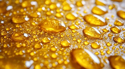 Golden water droplets on a surface.